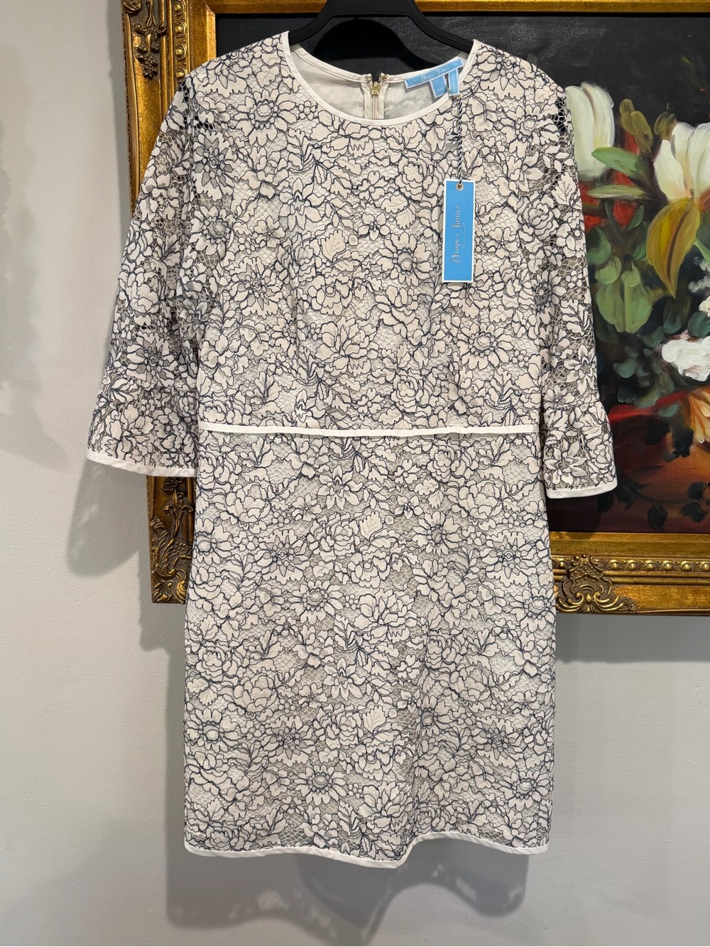 Draper James White Dress with Navy Lace Overlay
